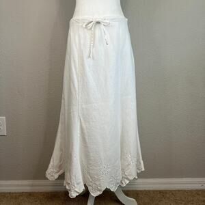 Edward Maxi Skirt Women's 6 White Linen Blend Eyelet Drawstring A-Line Classic